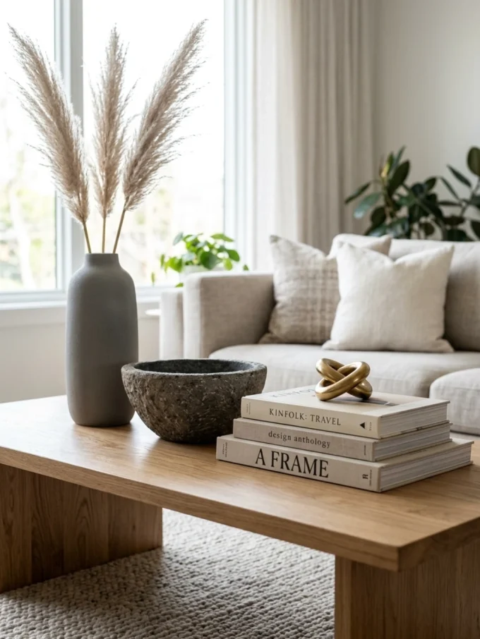 A layered coffee table with a tall vase of pampas grass, a stone bowl, stacked books, and a small gold sculpture.