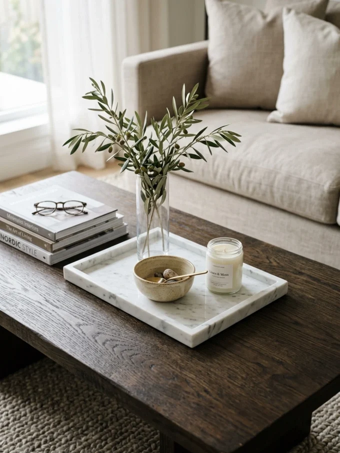 A marble tray on a coffee table with a vase of olive branches, a candle, a bowl, and books