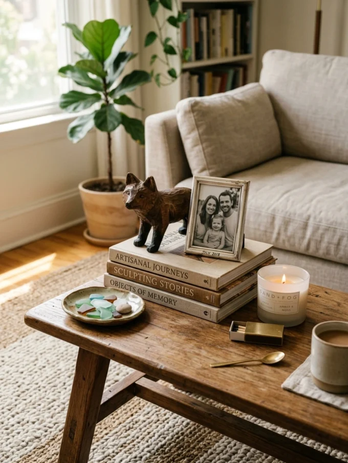 Coffee table with personal and meaningful decorations featuring personal objects that tell a story, travel souvenirs, and family photographs.