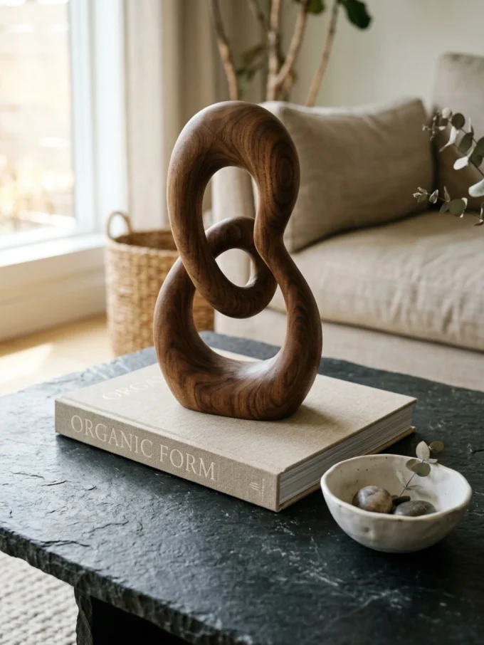 A wooden sculpture on a book atop a coffee table with a bowl of pebbles