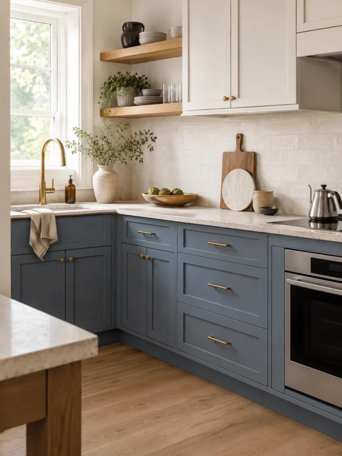 Dusty blue lower kitchen cabinets with gold hardware and white upper cabinets