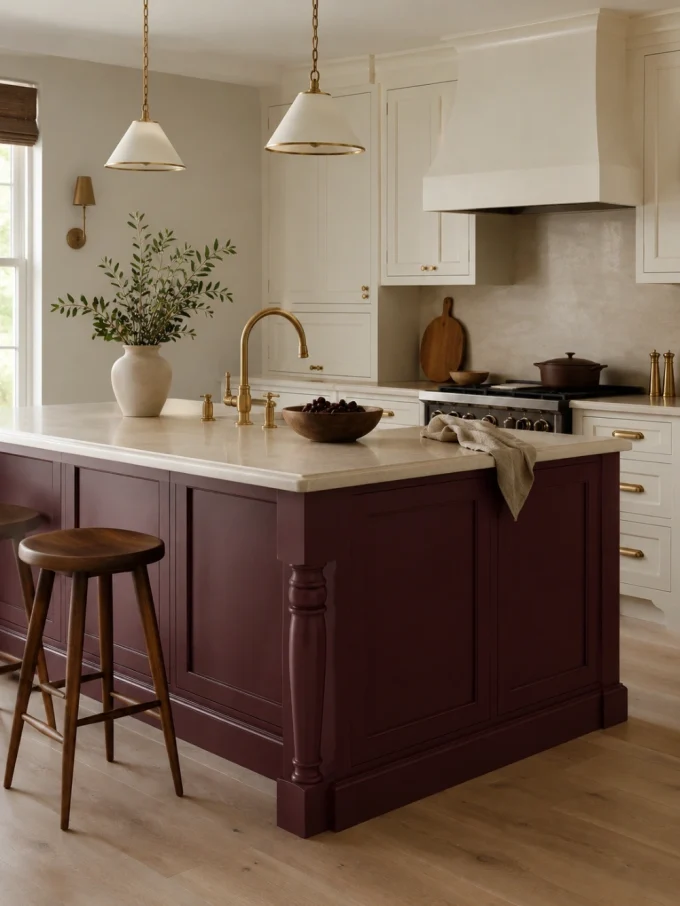 Burgundy kitchen island with cream countertop and white cabinets