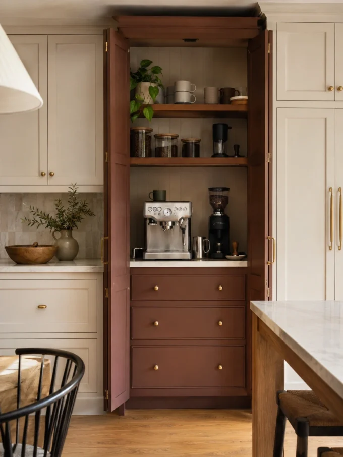 A kitchen with a brown cabinet housing a coffee station, including a silver espresso machine and black coffee grinder.