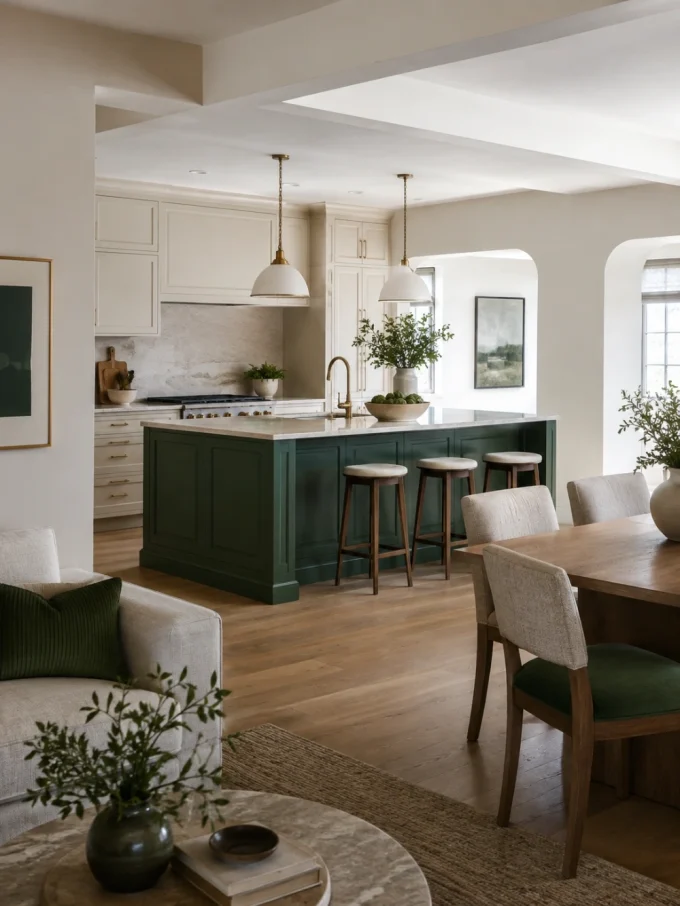 A green kitchen island with a white countertop and barstools, visible from a dining area and living room.