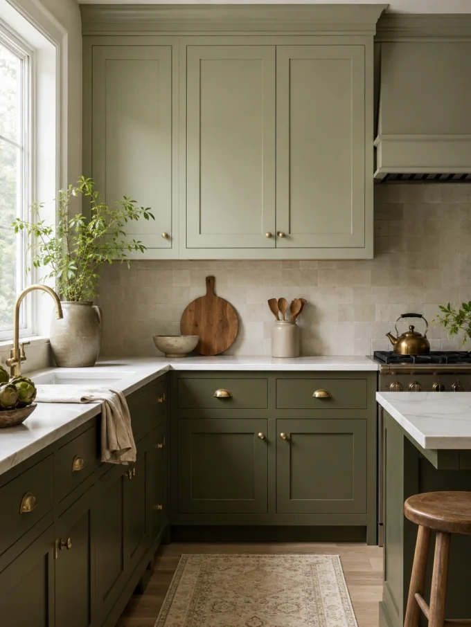 A kitchen with sage green upper cabinets and olive green lower cabinets