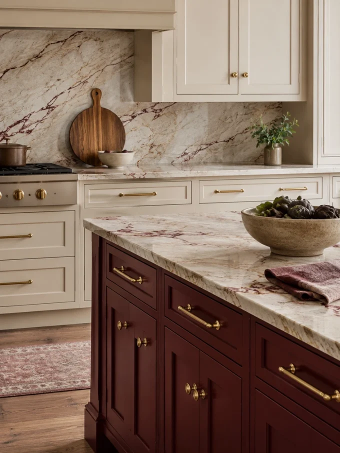 Marble countertop and backsplash bridging cream and wine-red cabinets with gold hardware