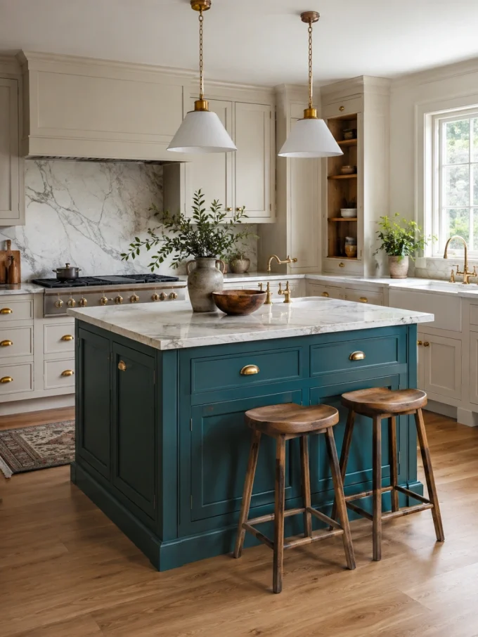 Teal kitchen island with marble countertop and wooden stools