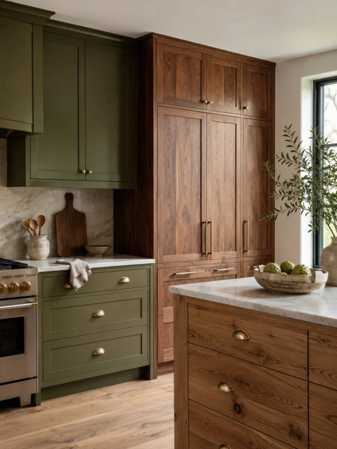 A kitchen island with a marble countertop and wooden drawers, next to green cabinets and a tall wooden pantry.
