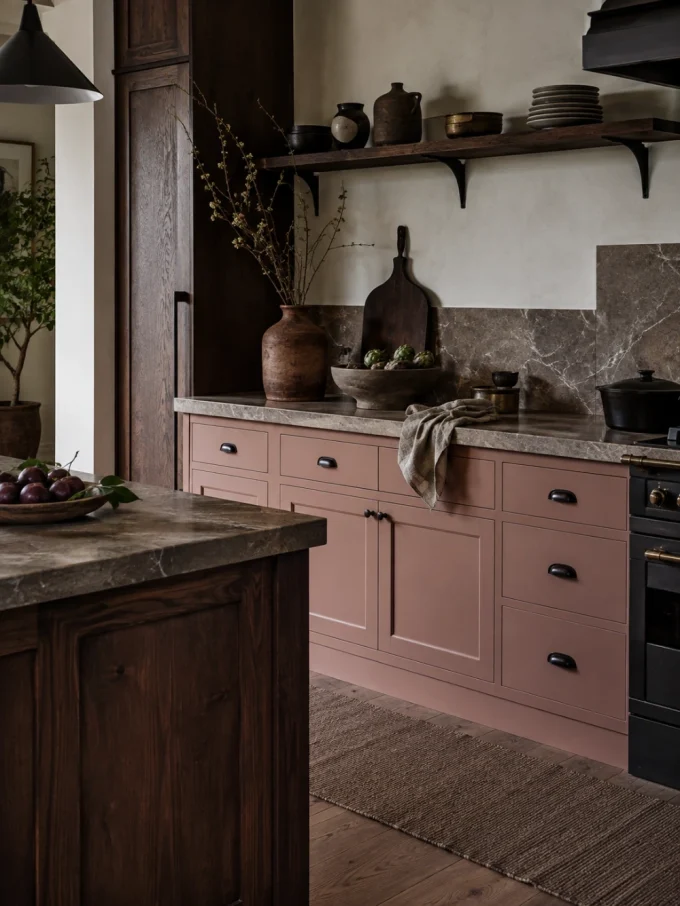 Pink kitchen cabinets with dark brown marble countertops and black hardware
