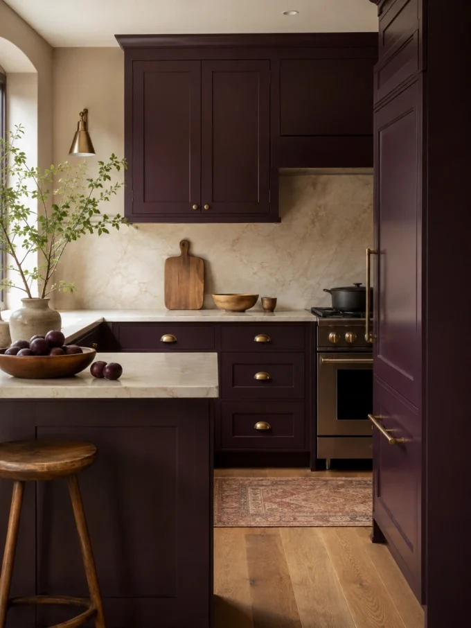 A kitchen with plum-colored cabinets, cream stone countertop and backsplash, and gold hardware