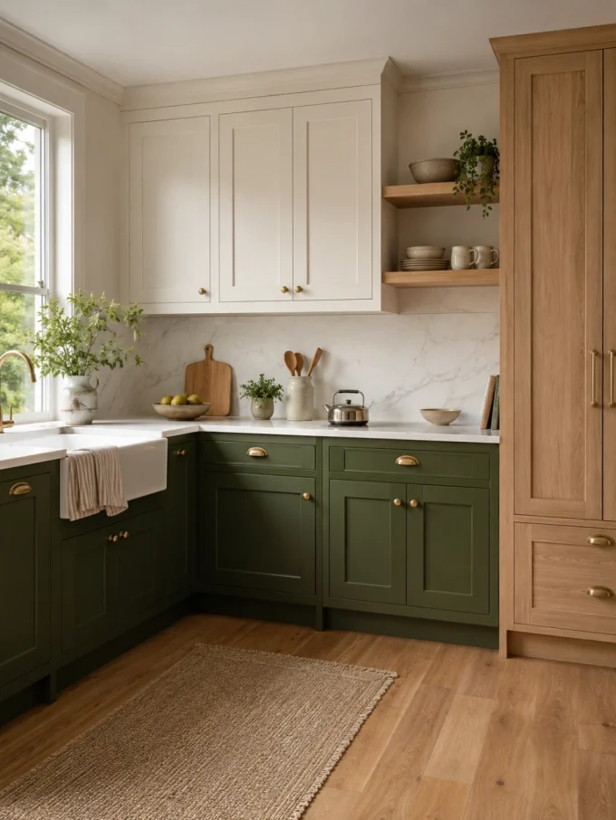 A kitchen with green lower cabinets, white upper cabinets, and a tall wooden pantry unit, featuring a white countertop and marble backsplash.