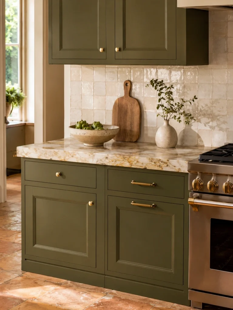 Olive green kitchen cabinets with gold hardware beside stainless steel oven, on brown terracotta floor with cream marble countertop and white tile backsplash