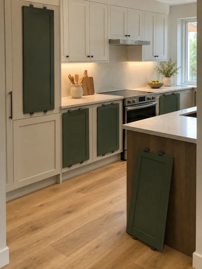 A large green cabinet door leans against a kitchen island with white countertops and green cabinet doors on the surrounding cabinets.