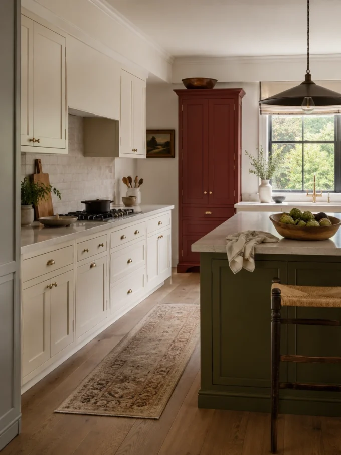 A kitchen with white cabinets, a green island, and a red tall storage unit, featuring a three-colour cabinet scheme.