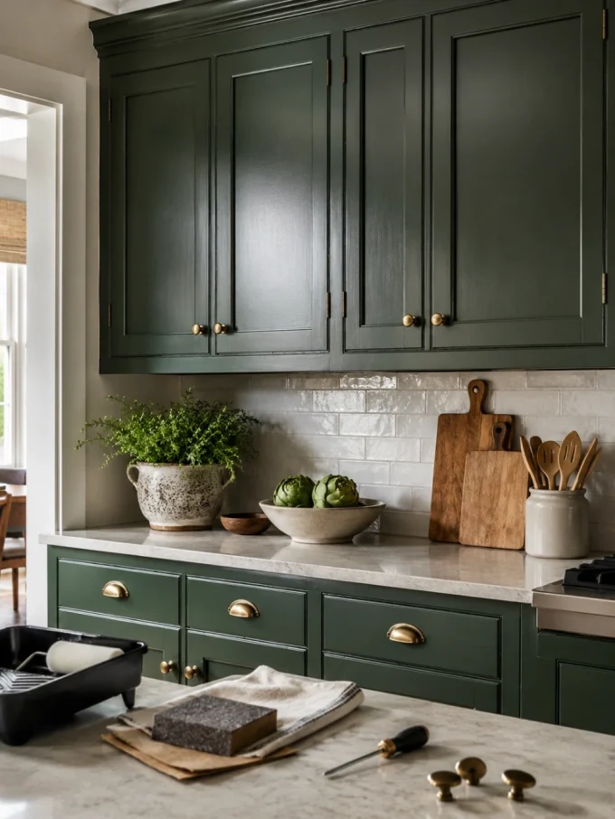A kitchen with green cabinets, white marble countertops, and a bowl of artichokes