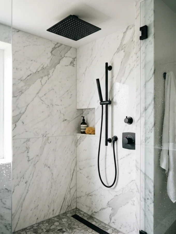 A black rainfall showerhead and handheld shower are installed on a marble wall in a modern bathroom.