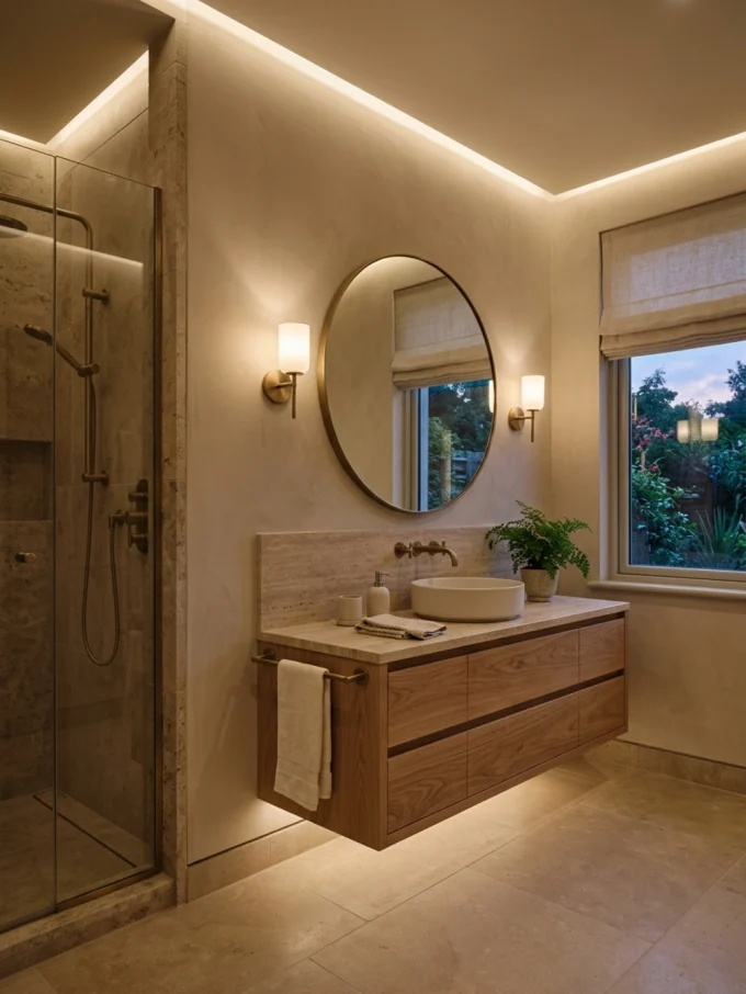 A modern earthy bathroom with a wooden vanity, round mirror, and glass-enclosed shower