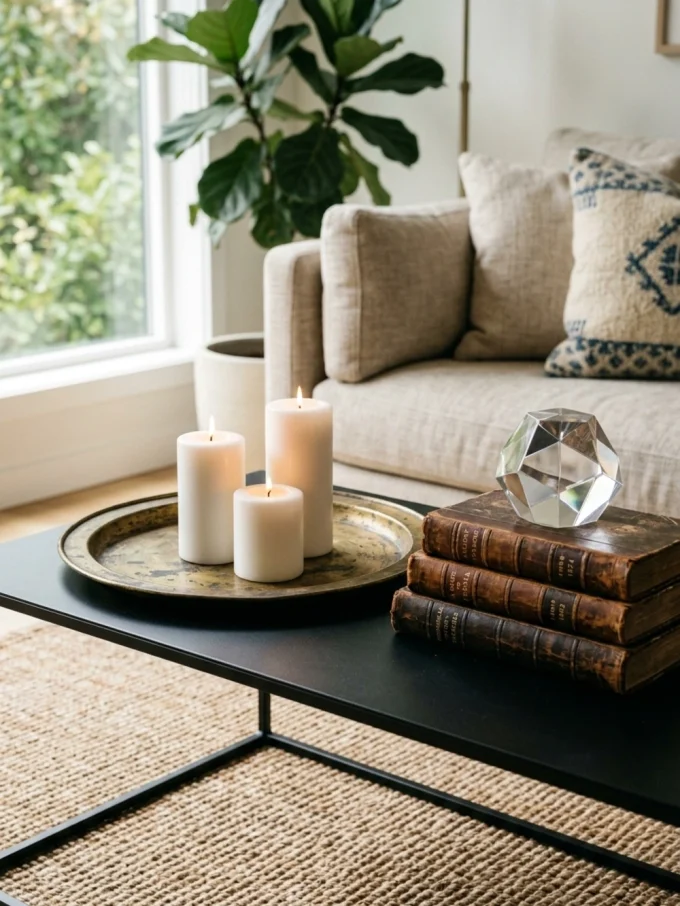 Combine modern and vintage coffee table decor.