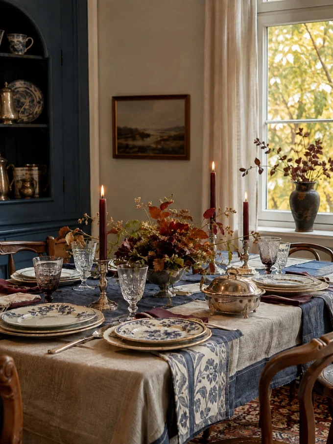 A dining table set with mismatched blue and white plates, silver serving pieces, and candles, with a floral centerpiece and a window in the background.