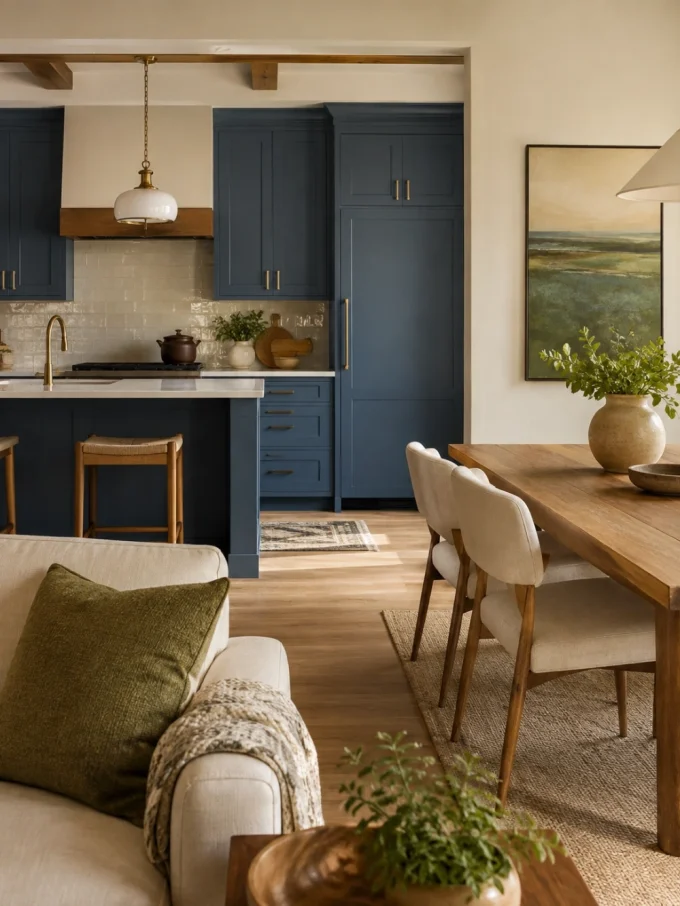 A blue kitchen with white countertops opens into a dining area with a wooden table and beige chairs, adjacent to a living room with a beige couch and green pillow.