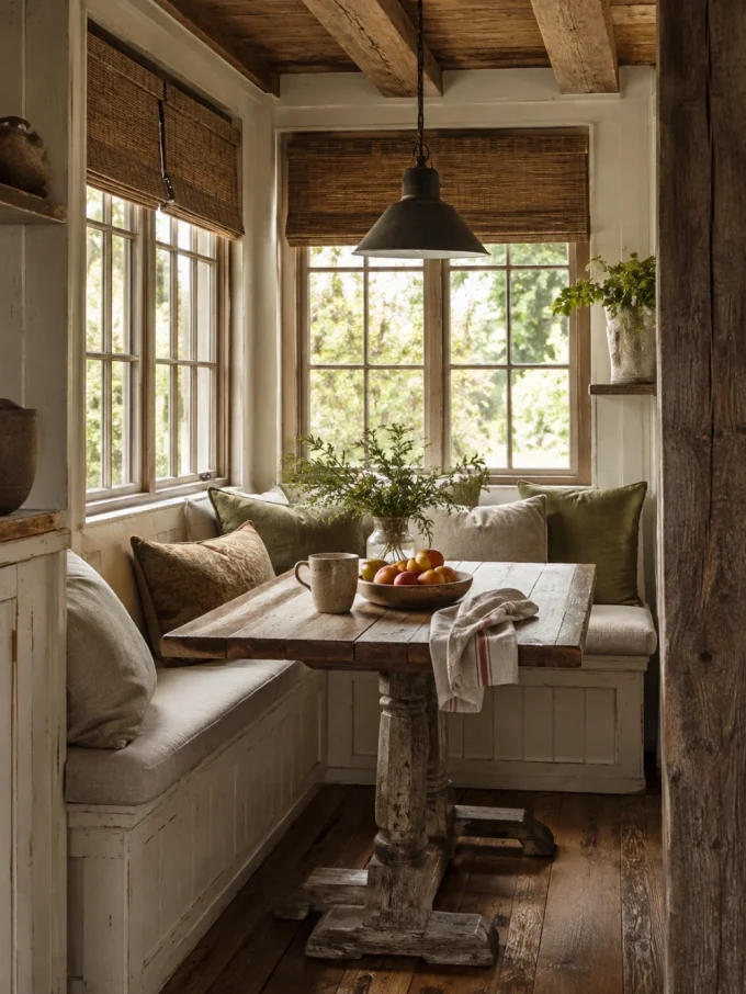 Rustic breakfast nook with built-in bench seating, wooden table, window views, soft cushions, and farmhouse decor