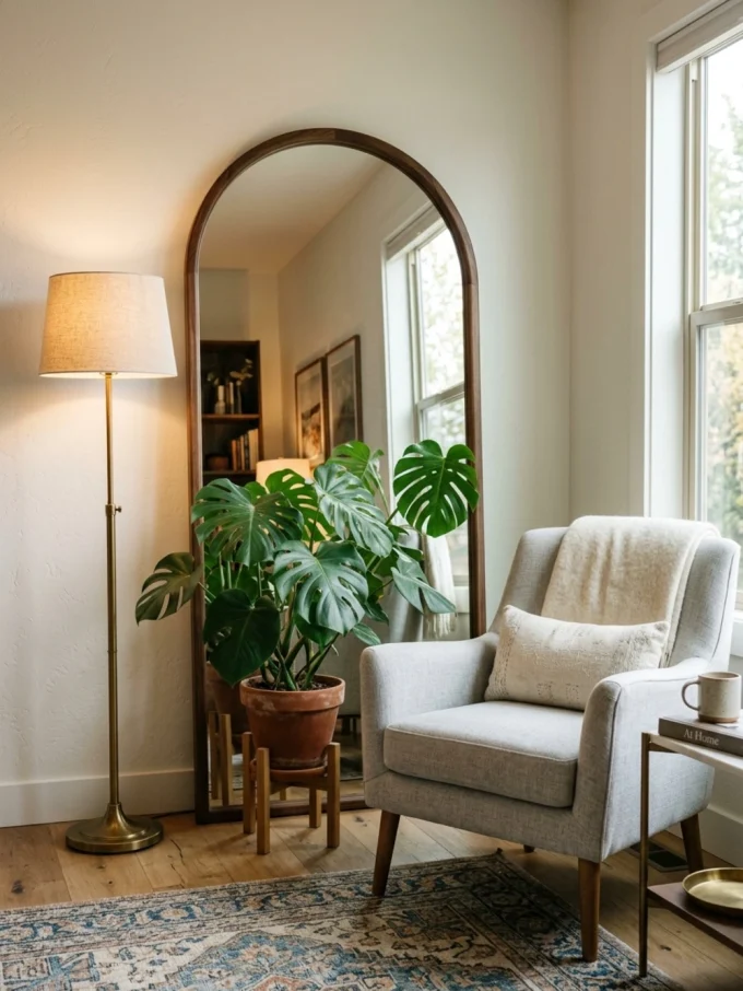 A tall arched mirror beside a floor lamp, chair, and potted plant in a corner