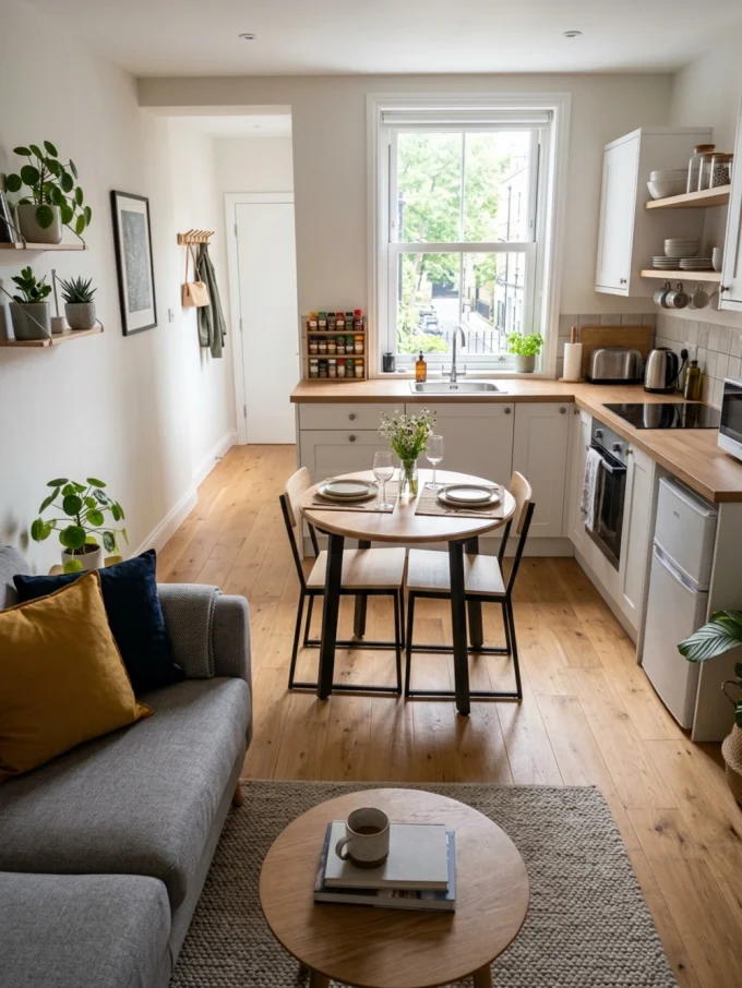 a small dining table set for two in a compact kitchen with a living room area to the left