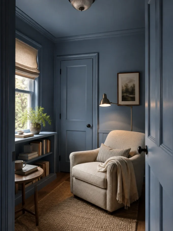 A beige armchair with a throw blanket and pillow sits beside a floor lamp in a blue-painted room.