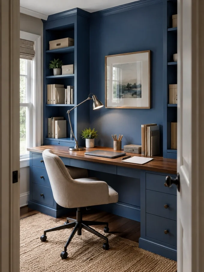 A blue desk with a laptop, lamp, and chair in front of a window.