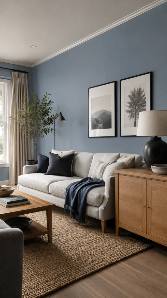 A living room features light-colored sofa with dark blue throw pillows, a coffee table, a rug, and a cabinet.