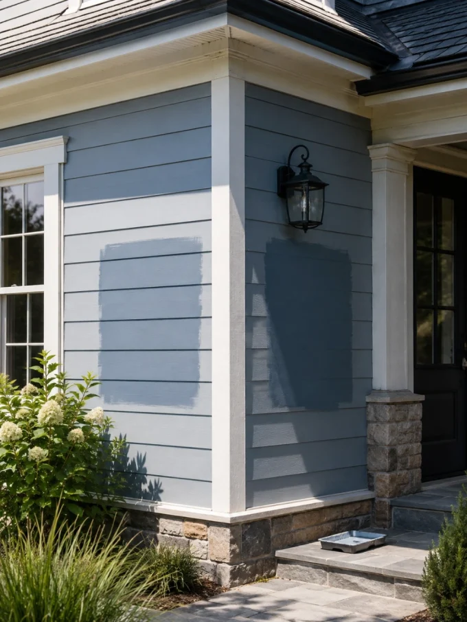 Blue house corner with white trim and black door