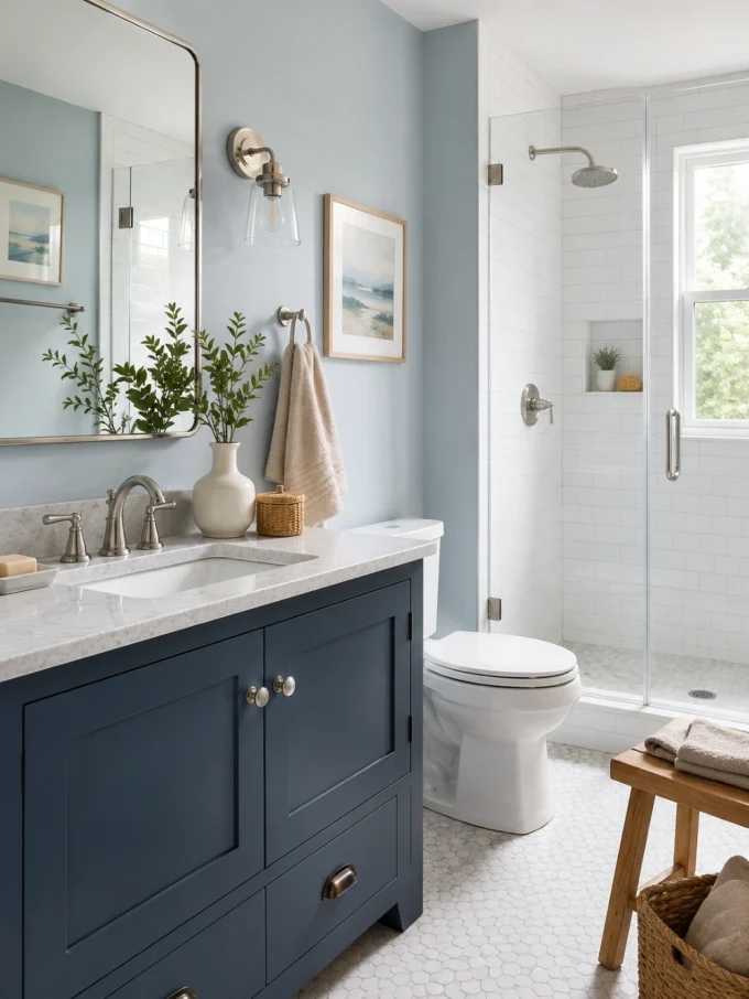 A white sink with a silver faucet and a blue vanity