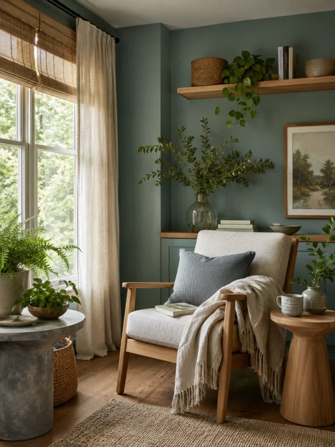 A chair with a throw blanket and pillow sits beside a window.