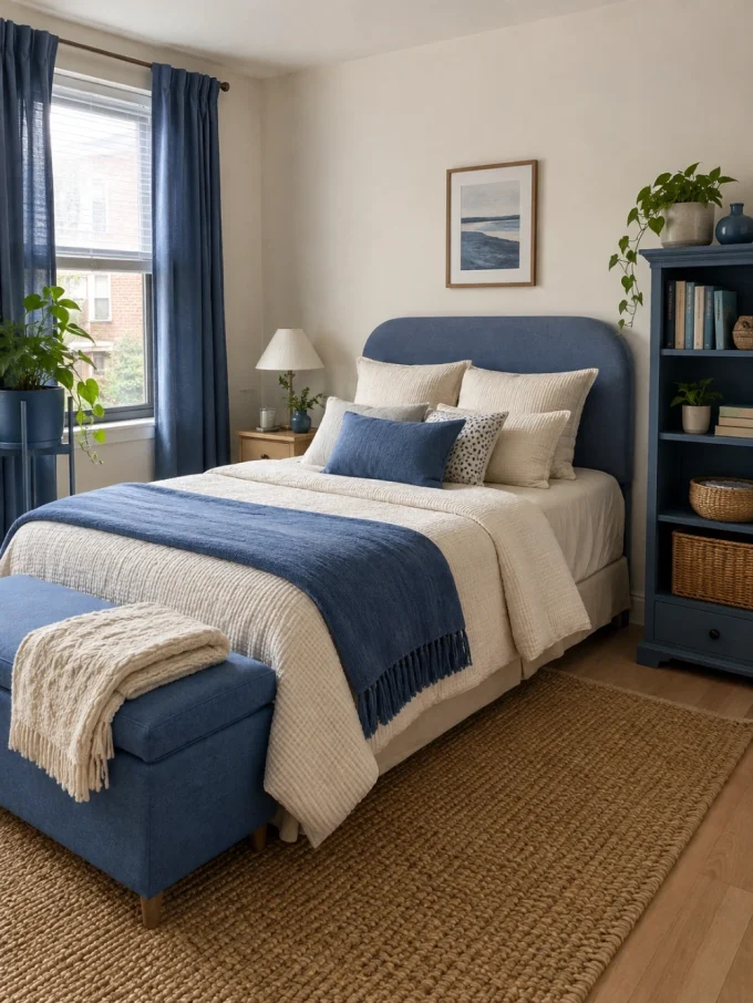 A bed with a blue headboard and frame, white comforter, and blue throw blanket.