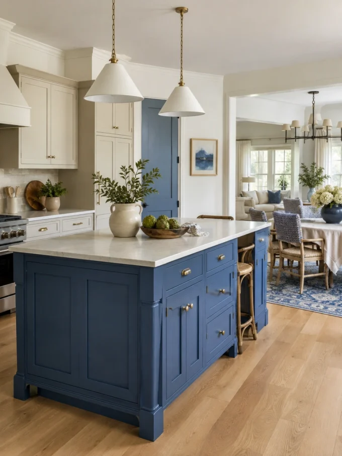 Blue kitchen island with white countertop and pendant lights