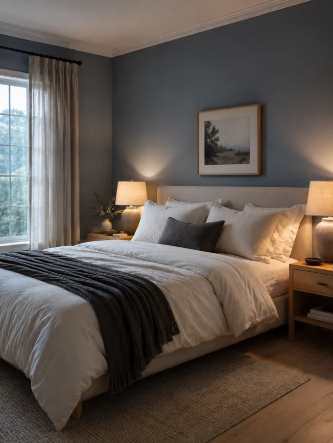 A neatly made bed with white and gray pillows and blankets