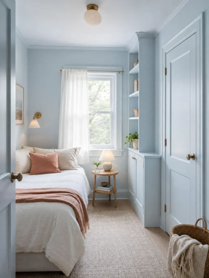 A bed with white and pink bedding, a small table, and a window with sheer curtains.
