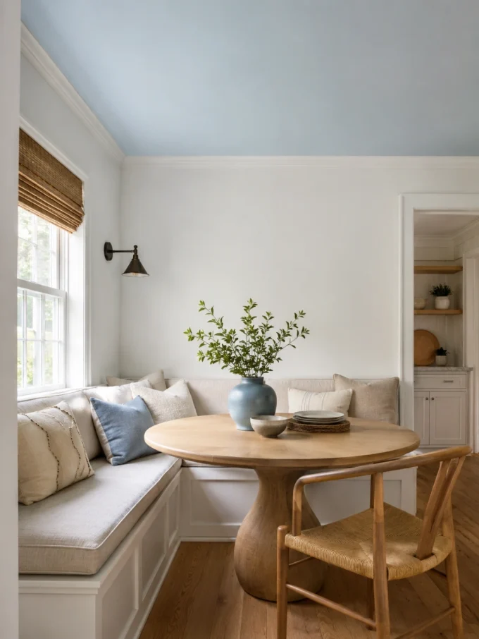 A round wooden dining table with a blue vase and plates sits beside a built-in banquette with pillows.