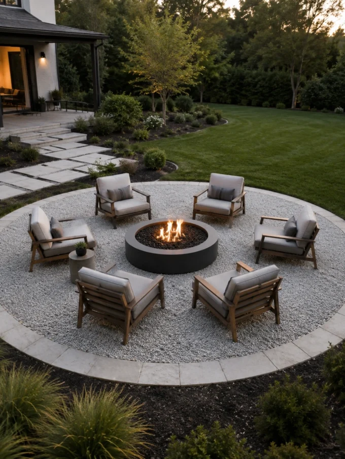 Six chairs surround a lit round fire pit on white gravel