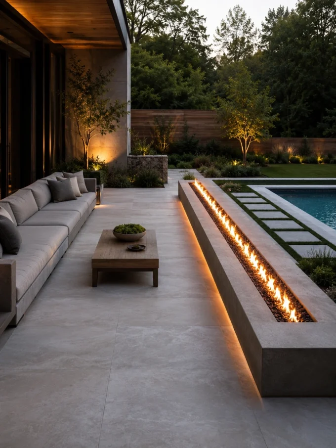 Modern outdoor patio with gray couch, wooden coffee table, and long lit fire pit beside pool