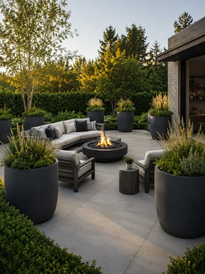 Modern outdoor patio with gray sectional sofa, chairs, and circular fire pit surrounded by large planters and lush greenery.