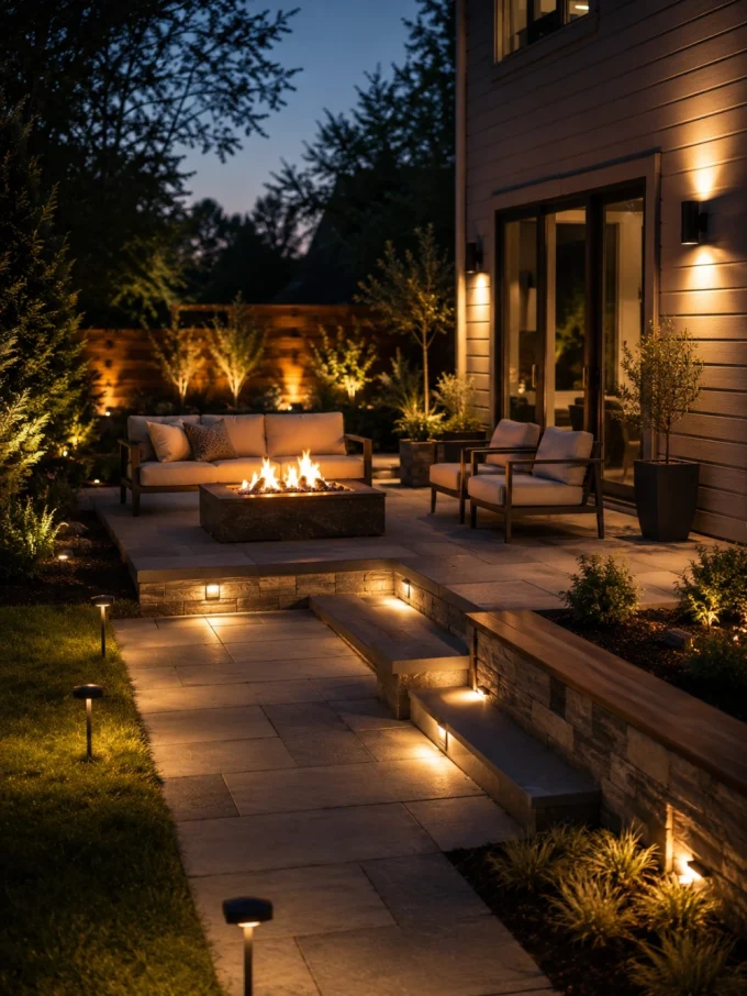 Patio with outdoor furniture and fire pit at night