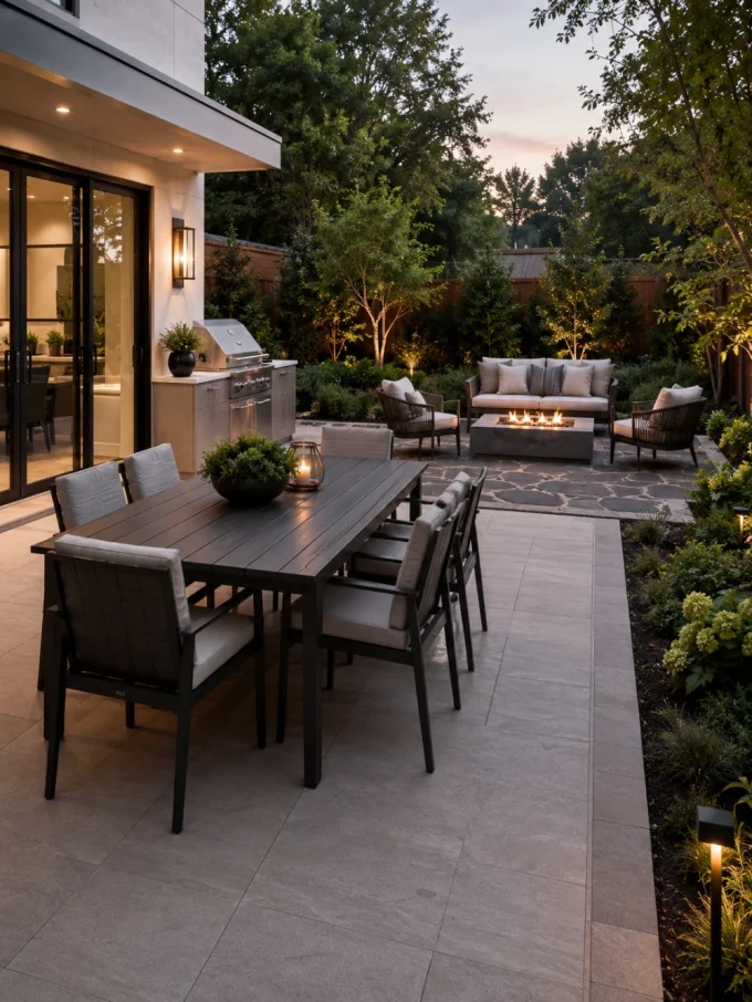 Outdoor dining table with six chairs, grill, and seating area with fire pit on stone patio at dusk