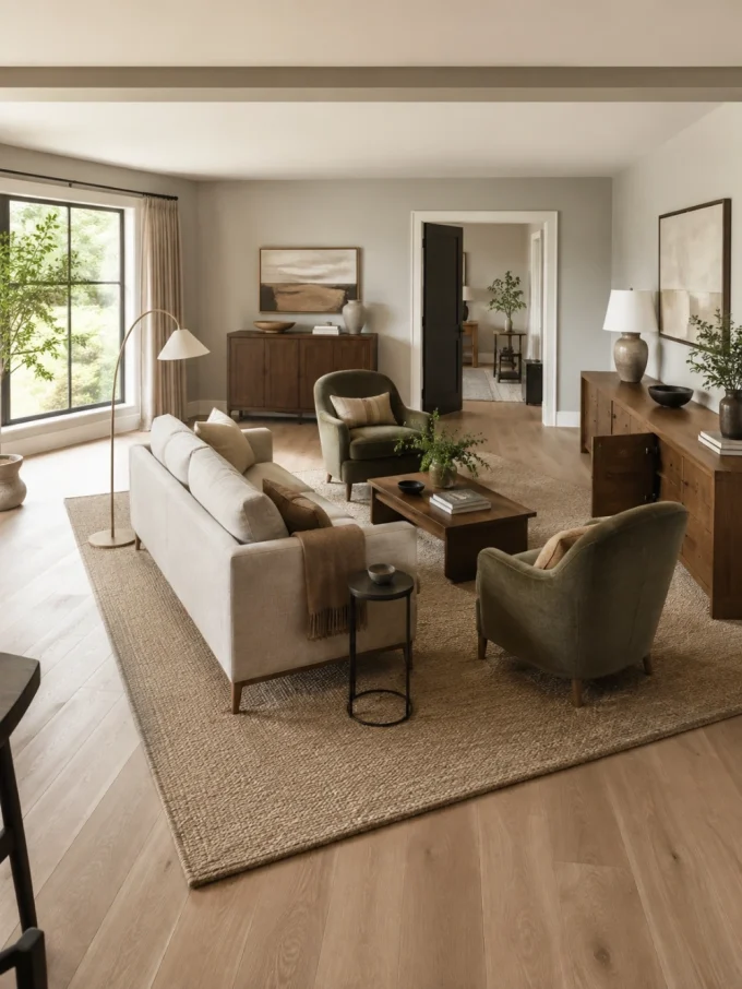 A living room with a sofa and two chairs arranged in a conversational circle on a large rug, away from walls, with a coffee table in the center.
