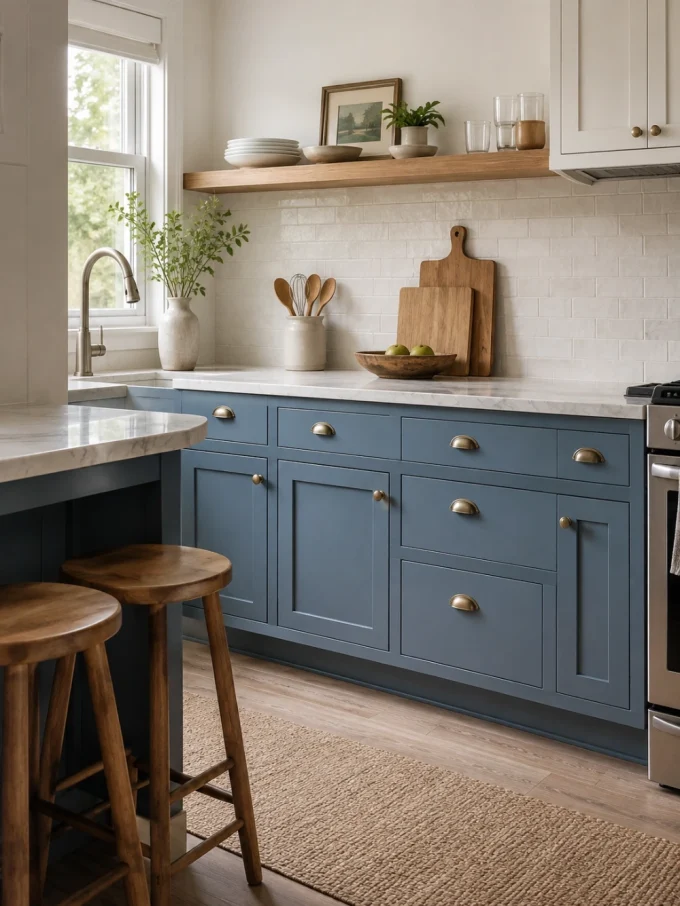 Blue kitchen cabinets with marble countertop and wooden stools
