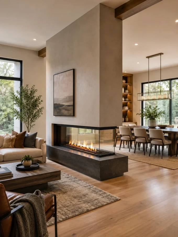 Modern see-through fireplace connecting an open-plan living room and dining area while defining both zones without blocking sightlines.