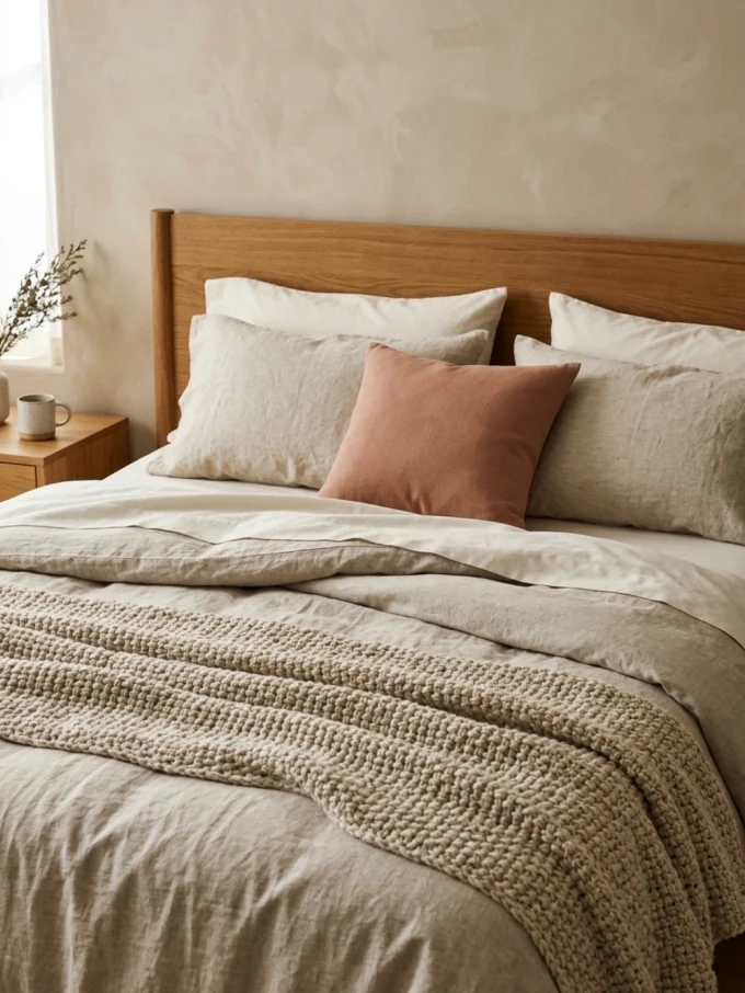 A neatly made bed with a wooden headboard, featuring a mix of white and beige linens, a chunky beige knit blanket, and a single muted terracotta-colored pillow among the pillows.