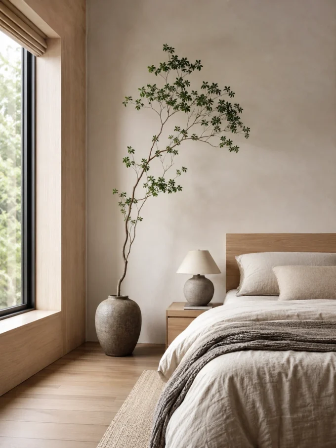 a large vase with a tree branch on a wood floor beside a bed