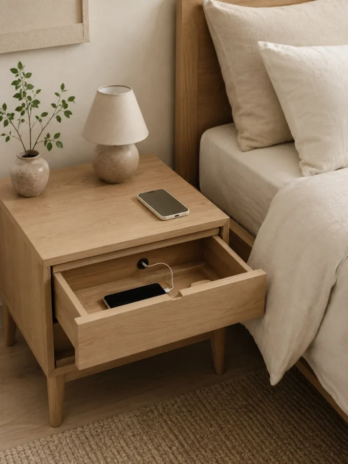 A nightstand with a drawer open, revealing a phone charging inside, next to a bed with beige linens.