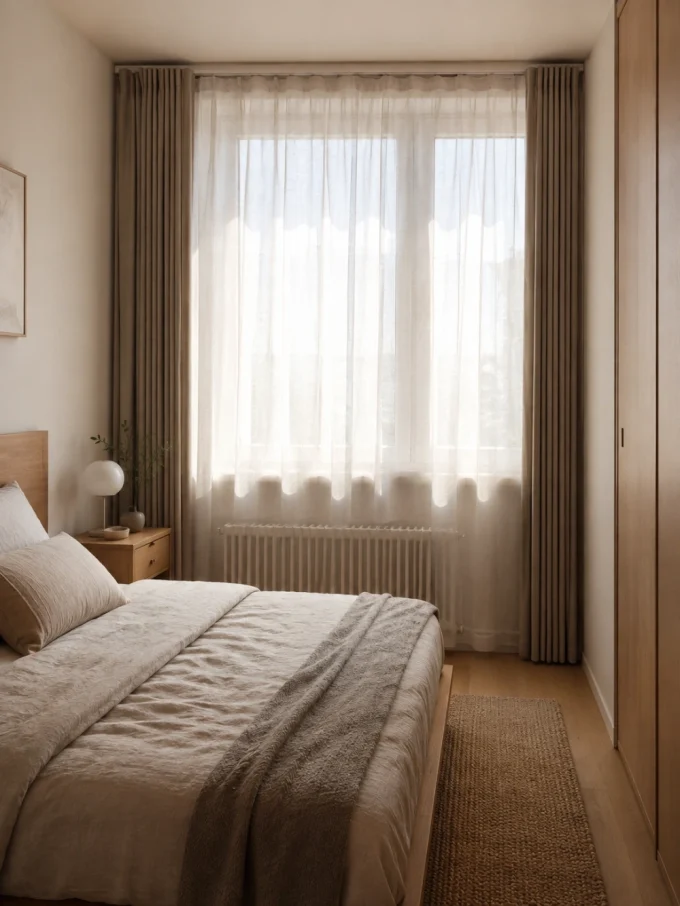 A bed with sheer and opaque curtains on either side of a window